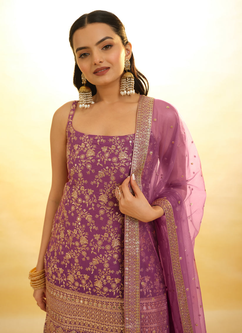 Onion Pink Embroidered Georgette Readymade Sharara Kameez
