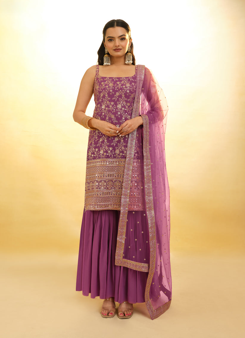 Onion Pink Embroidered Georgette Readymade Sharara Kameez