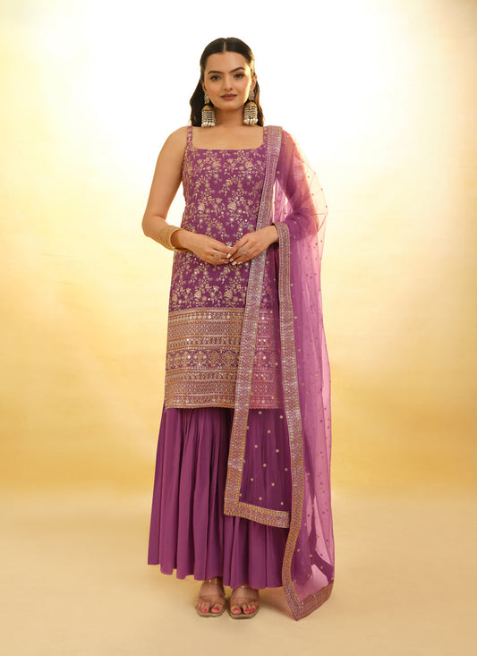 Onion Pink Embroidered Georgette Readymade Sharara Kameez