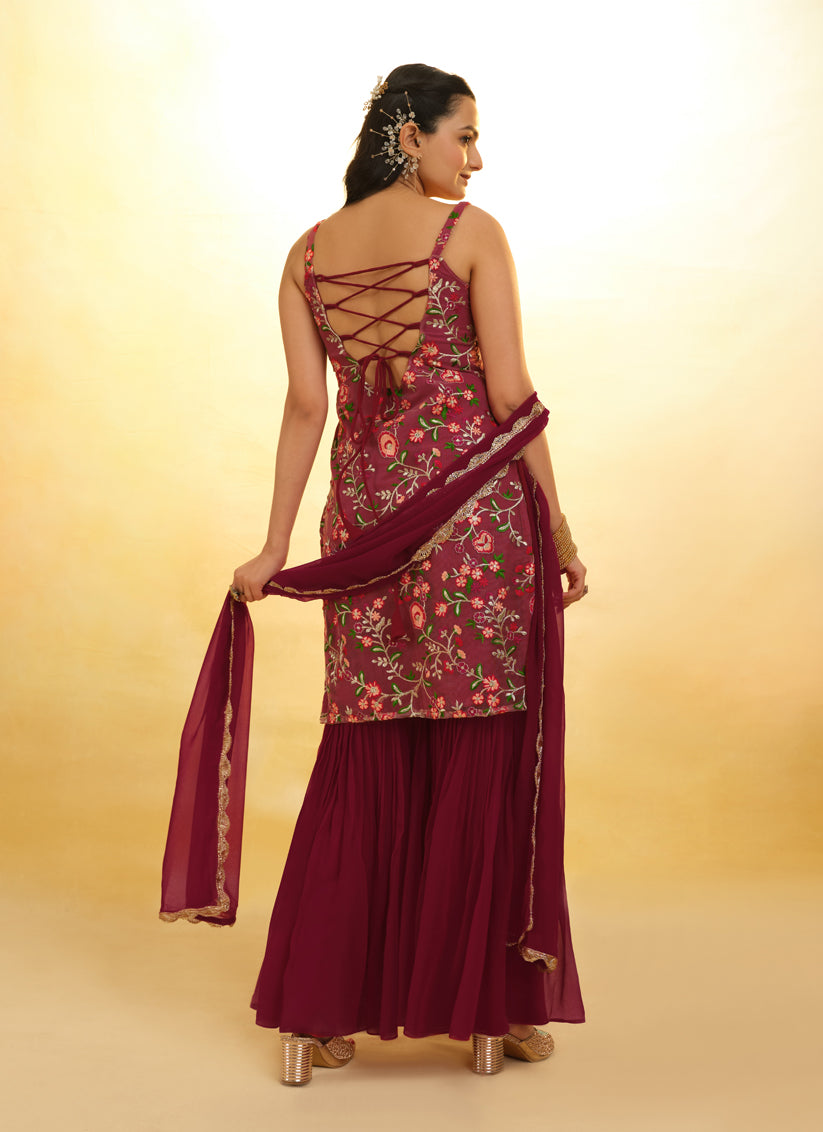 Maroon Embroidered Net Readymade Sharara Kameez