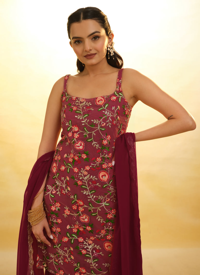 Maroon Embroidered Net Readymade Sharara Kameez