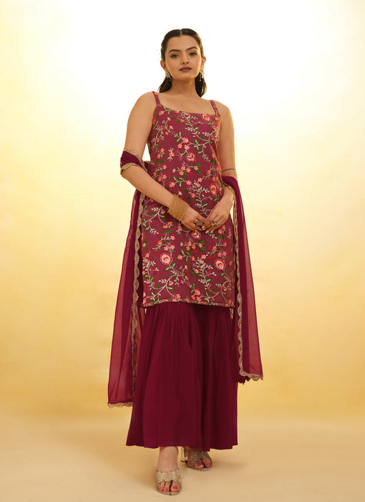 Maroon Embroidered Net Readymade Sharara Kameez