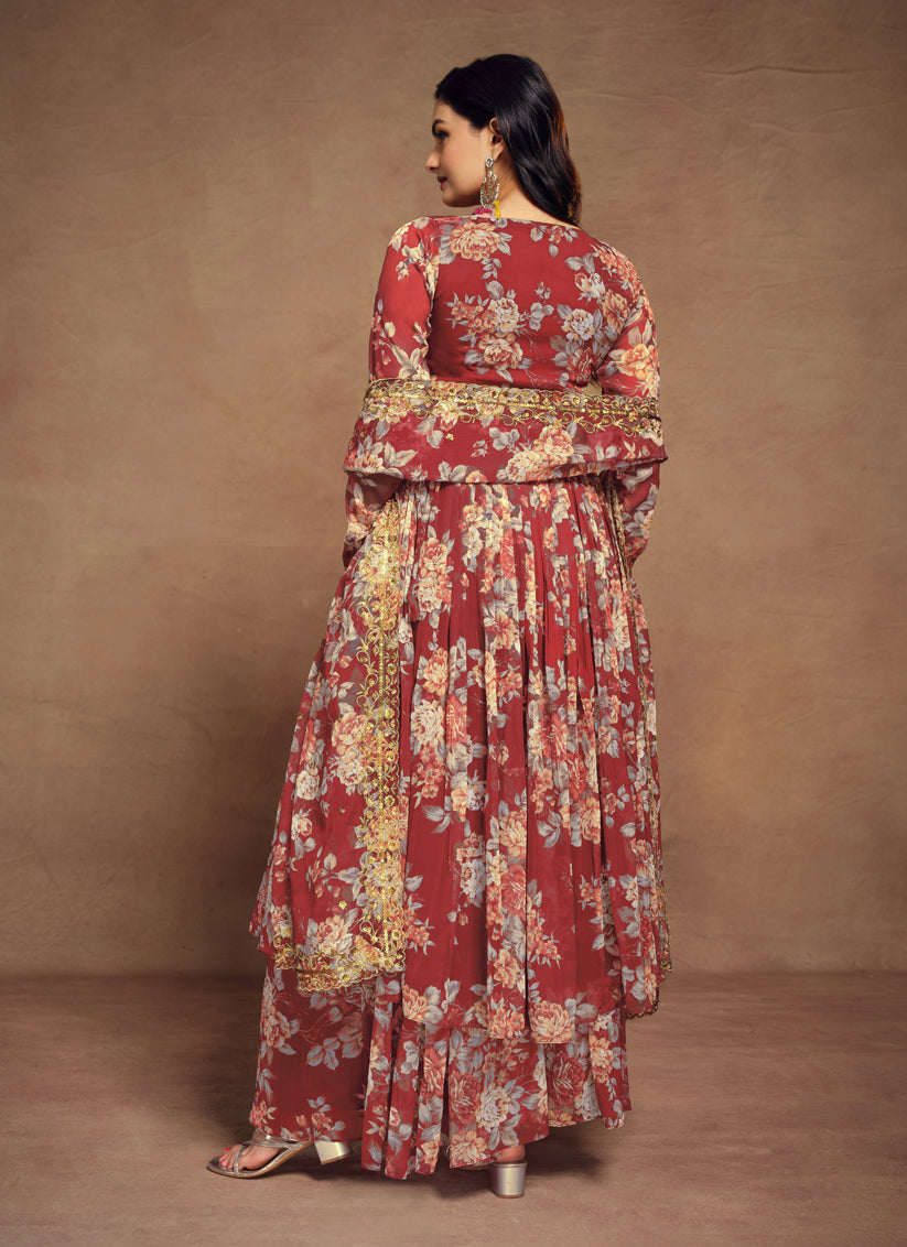 Maroon Chiffon Embroidered Readymade Palazzo Kameez