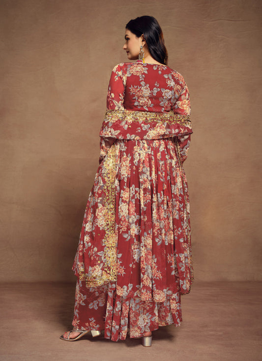 Maroon Chiffon Embroidered Readymade Palazzo Kameez