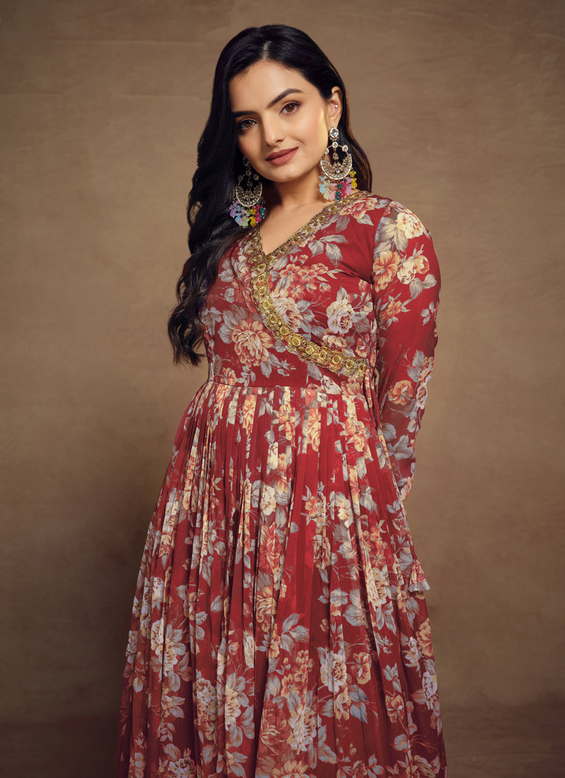 Maroon Chiffon Embroidered Readymade Palazzo Kameez