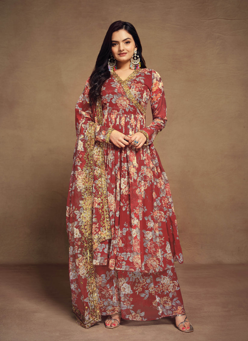 Maroon Chiffon Embroidered Readymade Palazzo Kameez