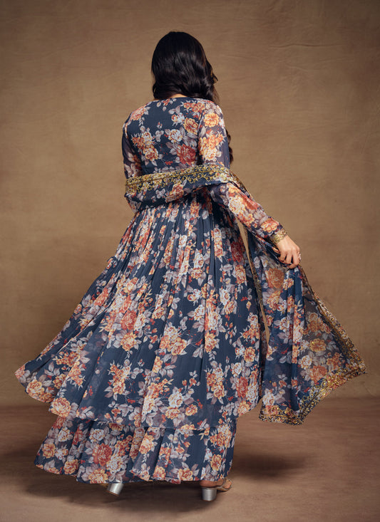 Prussian Blue Chiffon Embroidered Readymade Palazzo Kameez