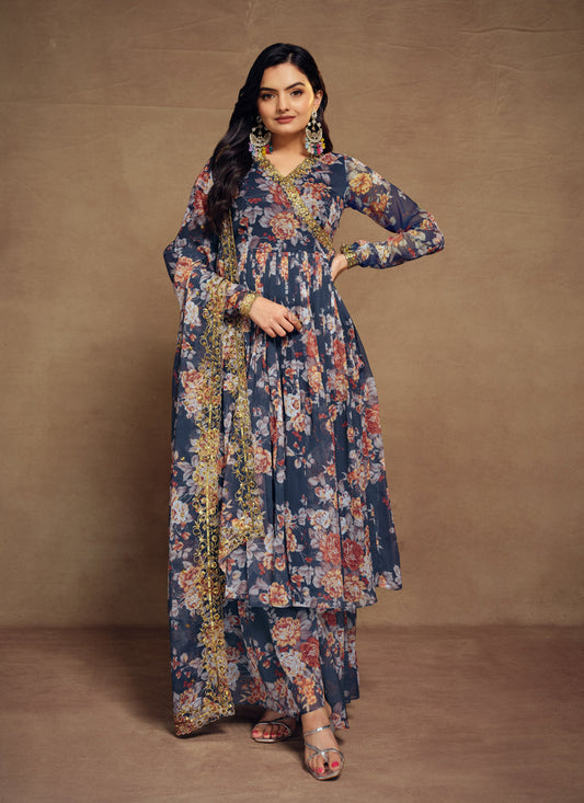 Prussian Blue Chiffon Embroidered Readymade Palazzo Kameez