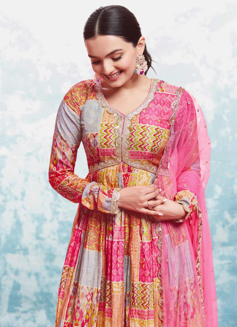 Pink Readymade Gown with Dupatta