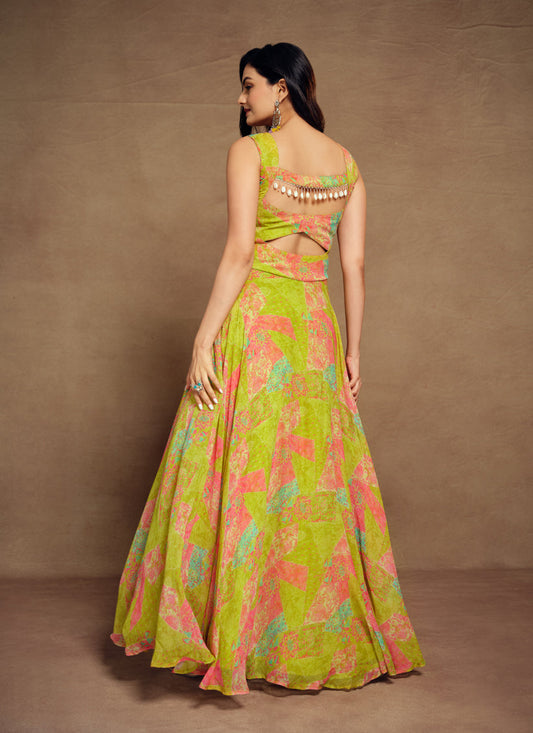 Lime Green Georgette Floral Print Gown