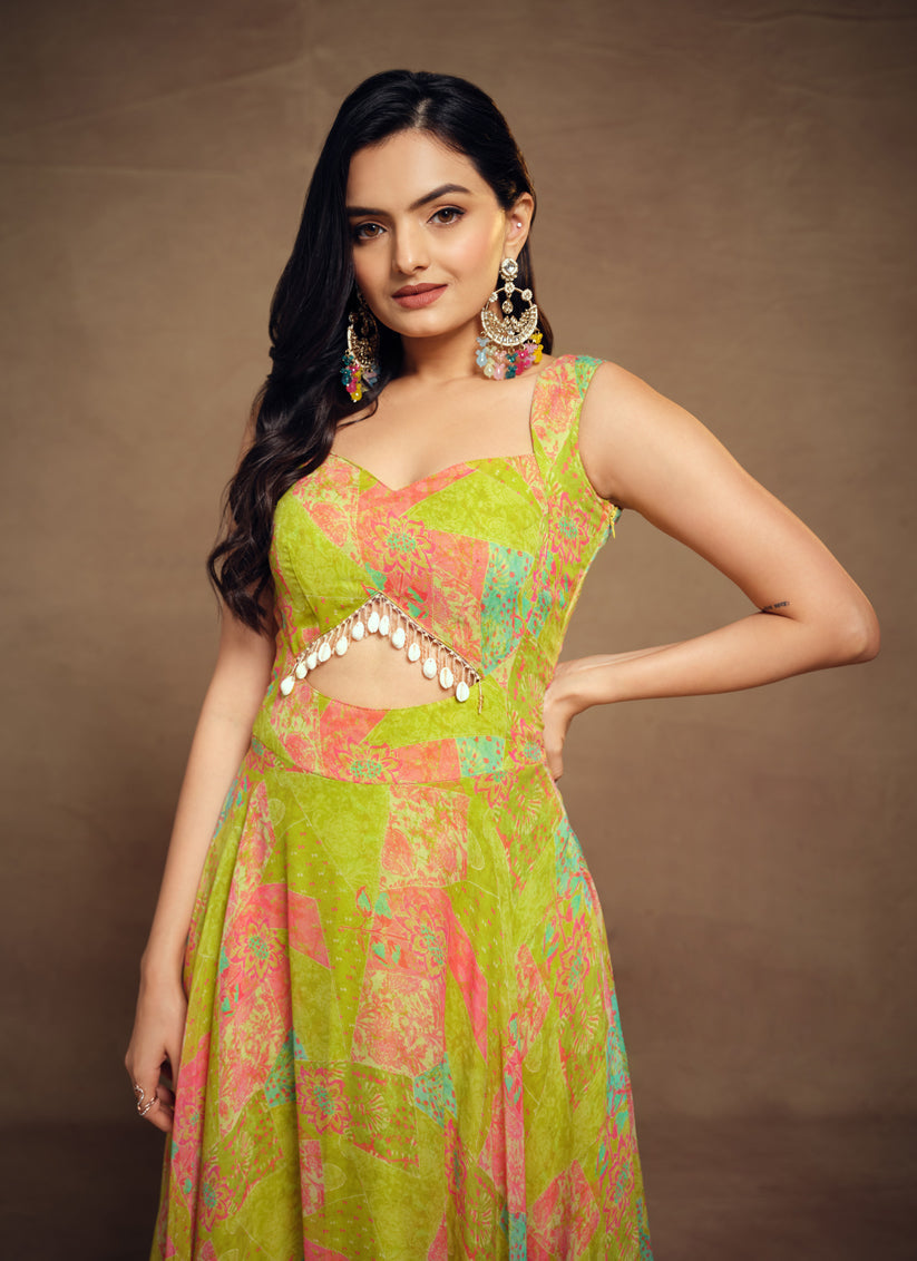 Lime Green Georgette Floral Print Gown
