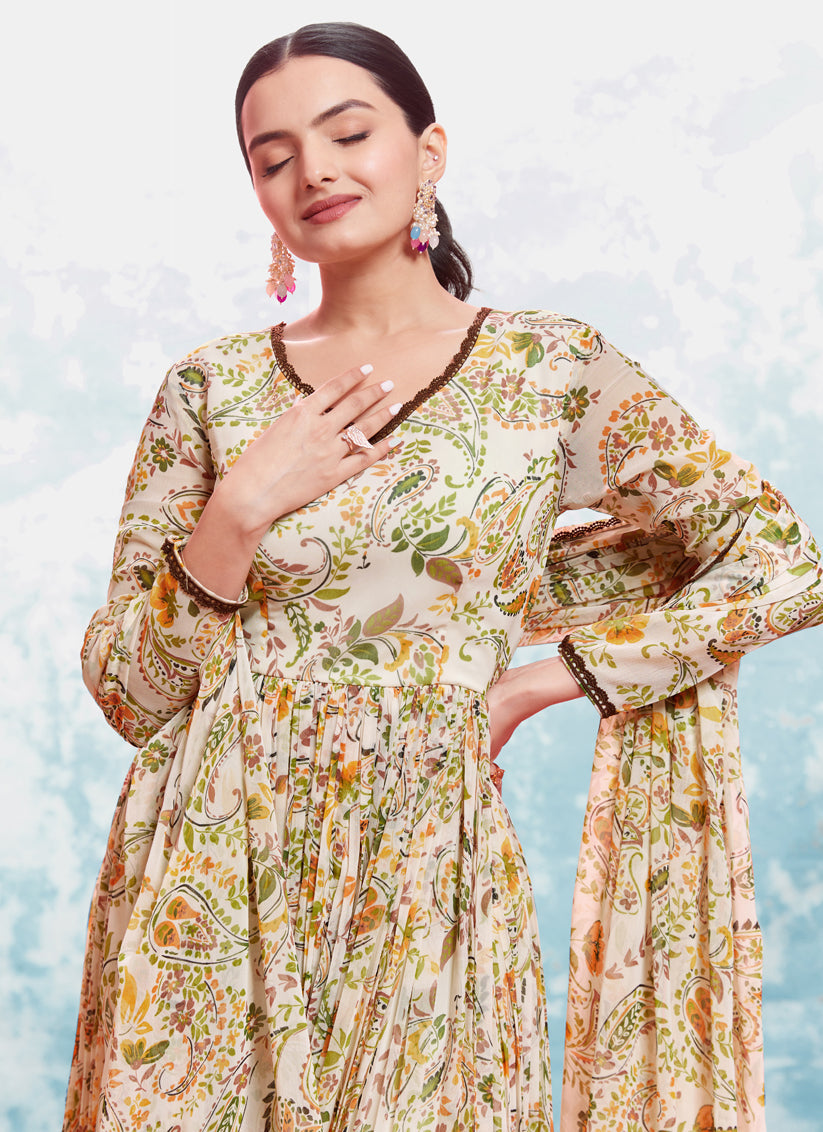 Cream Georgette Readymade Anarkali Suit