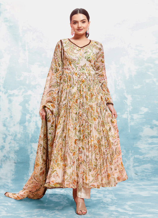 Cream Georgette Readymade Anarkali Suit