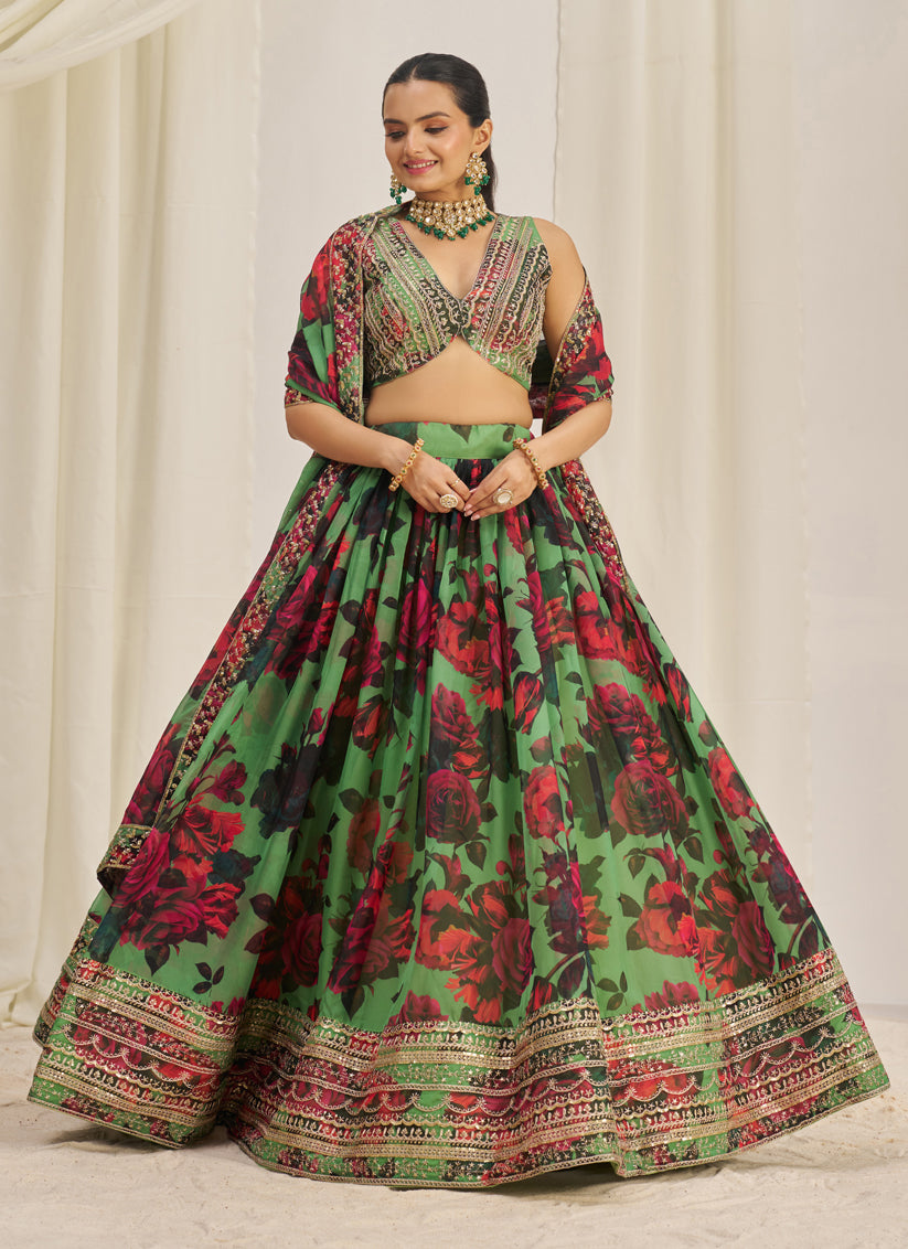Pistachio Green Organza Floral Print Embroidered Lehenga Choli Set