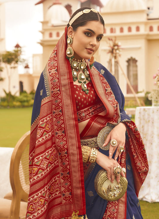Navy Blue Mercerized Silk Designer Saree