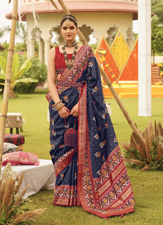 Navy Blue Silk Patola Printed Saree