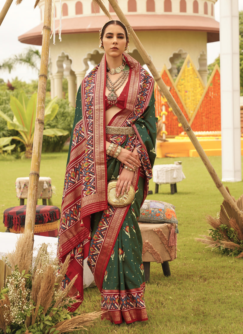 Bottle Green Silk Patola Printed Saree