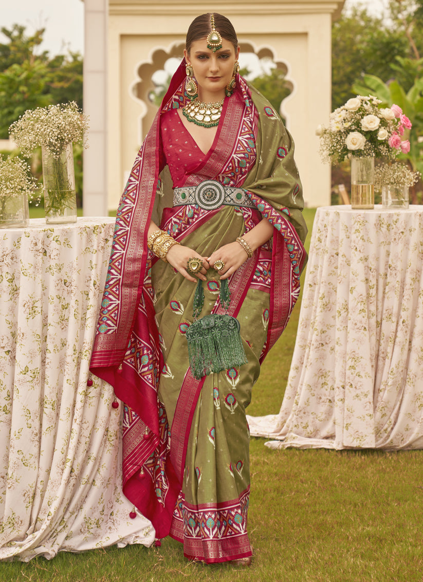Olive Green Silk Patola Printed Saree