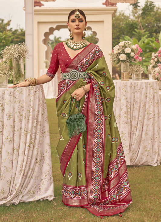 Olive Green Silk Patola Printed Saree