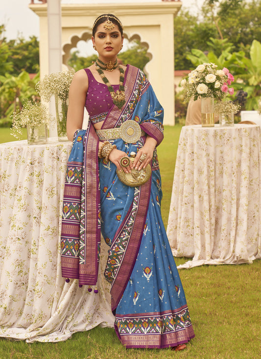 Azure Blue Silk Patola Printed Saree