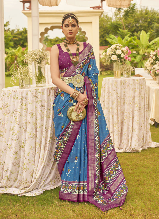 Azure Blue Silk Patola Printed Saree