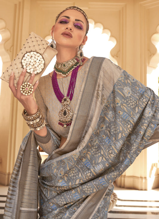 Graphite Grey Raw Silk Bengal Design Saree