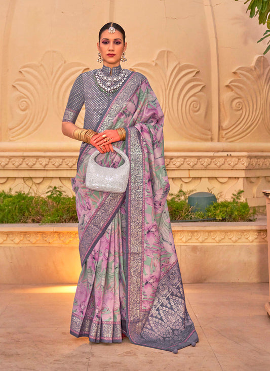 Lilac Pink Silk Floral Print Embellished Saree