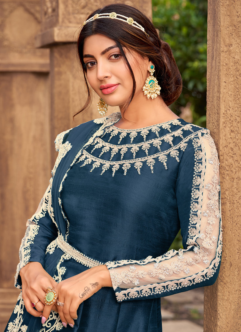 Teal Blue Silk Embroidered Designer Anarkali Suit