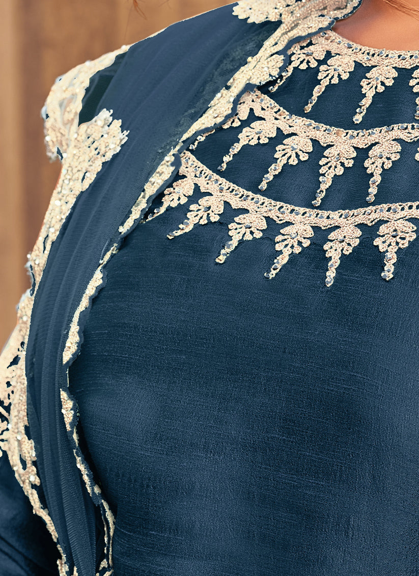 Teal Blue Silk Embroidered Designer Anarkali Suit