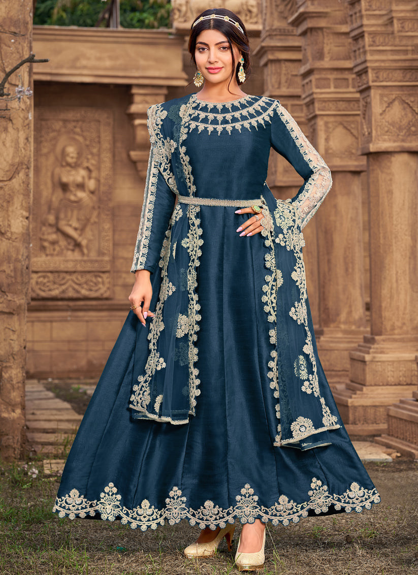 Teal Blue Silk Embroidered Designer Anarkali Suit