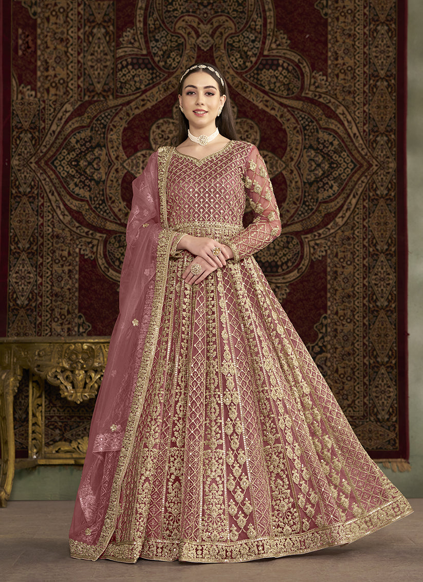 pink sequins embroidered net anarkali suit