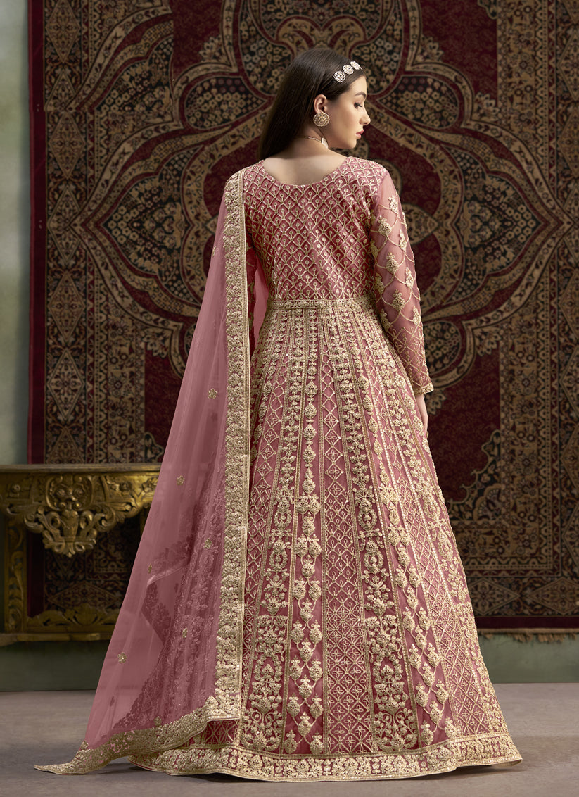 pink sequins embroidered net anarkali suit