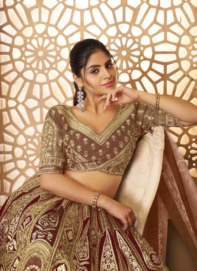 Brown Heavy Embroidered Sequins Banarasi Silk Lehenga Choli Wedding Wear