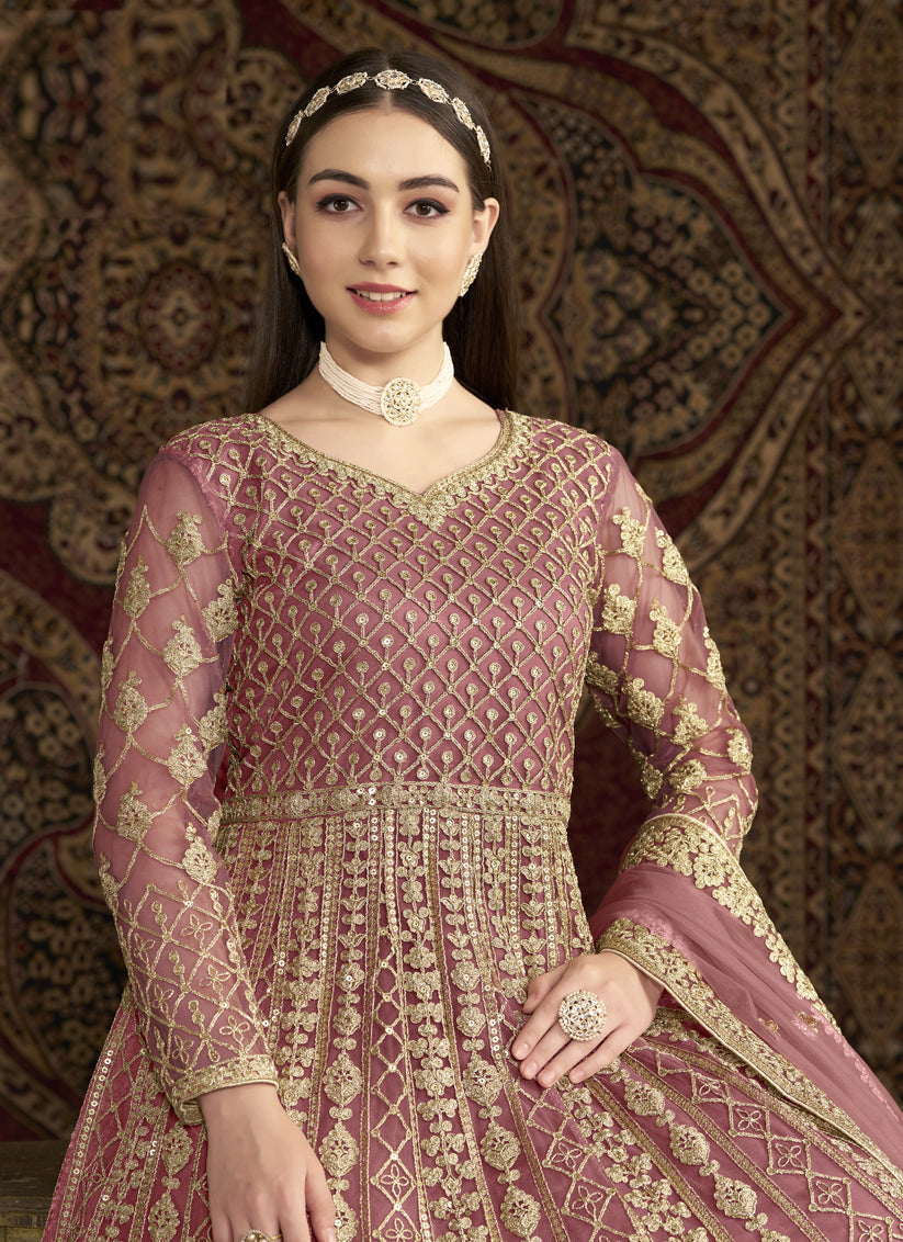 pink sequins embroidered net anarkali suit
