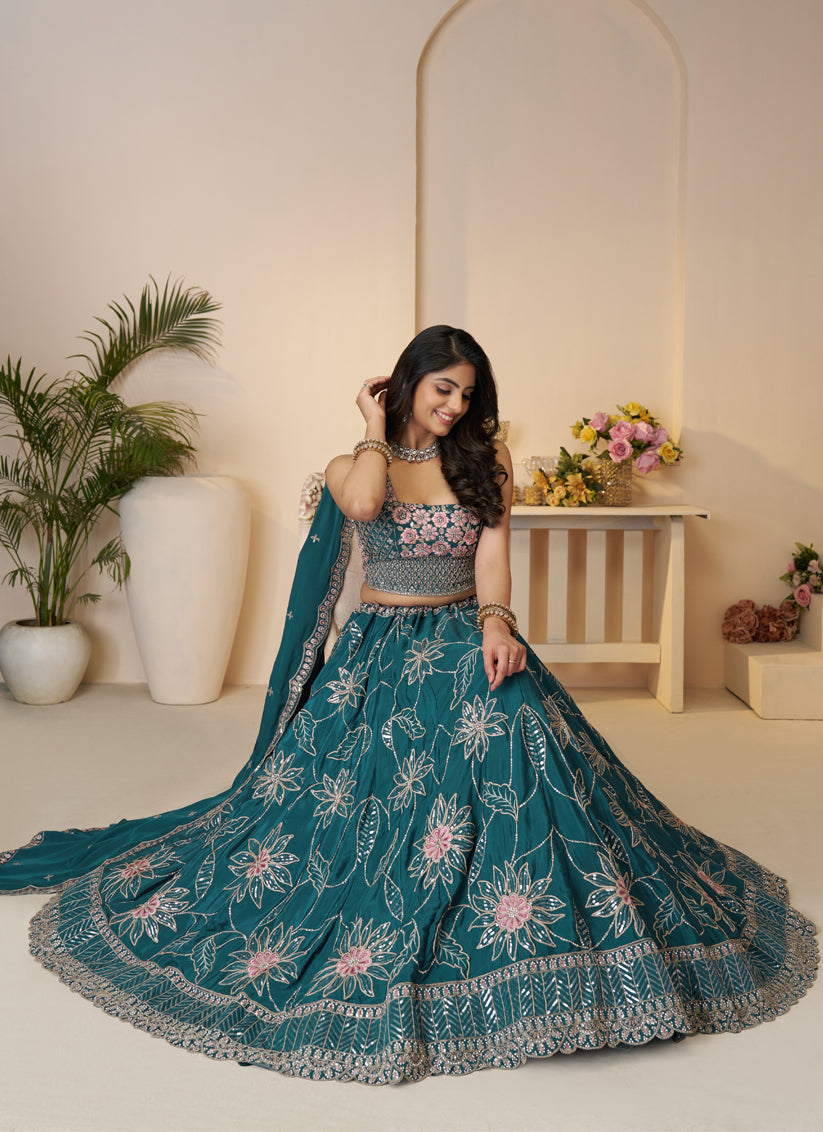 Blue Heavy Embroidered Sattin Silk Lehenga Choli For Wedding Wear