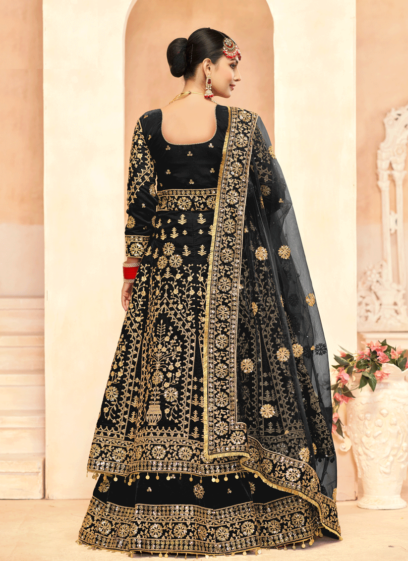 Black Embroidered Velvet Lehenga Kameez Suit