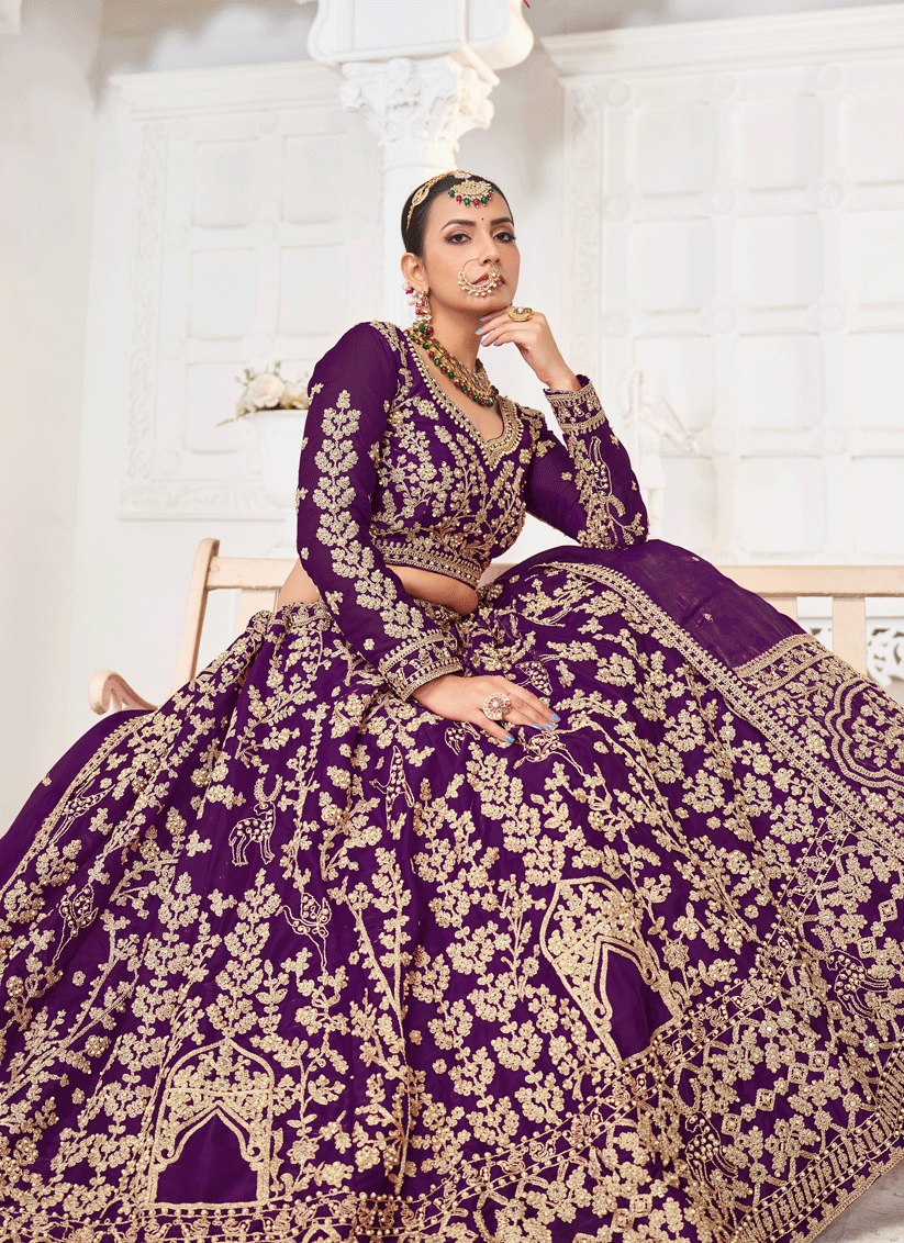 Wine Tissue Organza Embroidered Designer Lehenga Choli