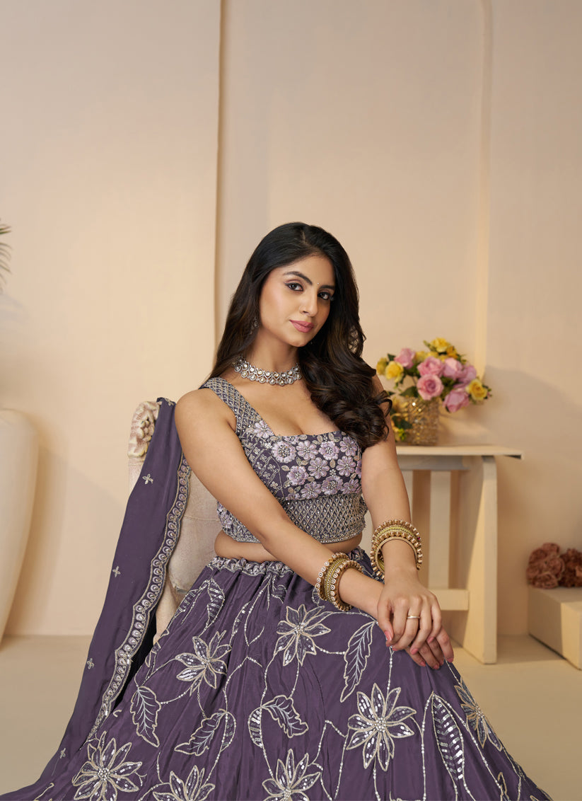 Awesome Purple Embroidered Satin Sangeet Wear Lehenga Choli