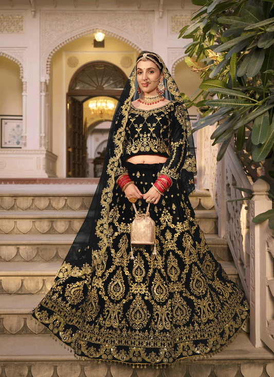 Black Velvet Embellished Bridal Lehenga Choli