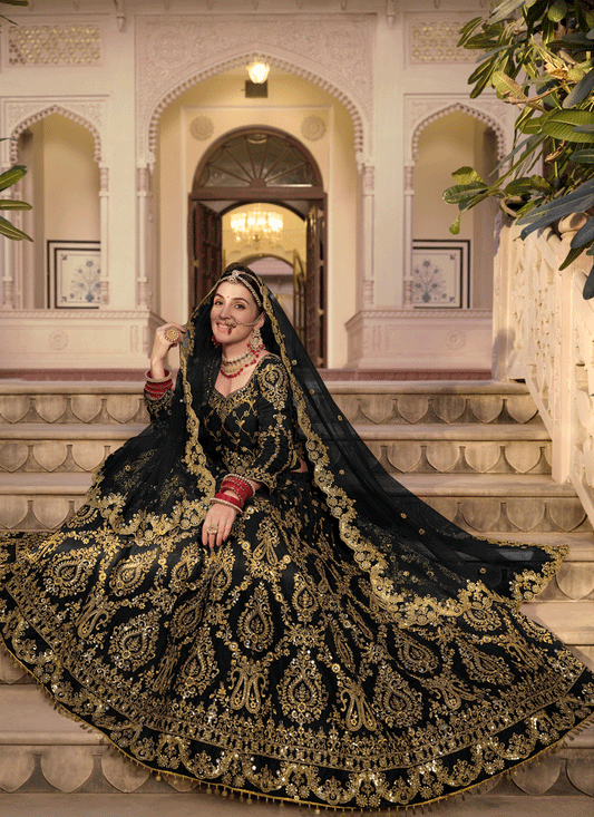 Black Velvet Embellished Bridal Lehenga Choli