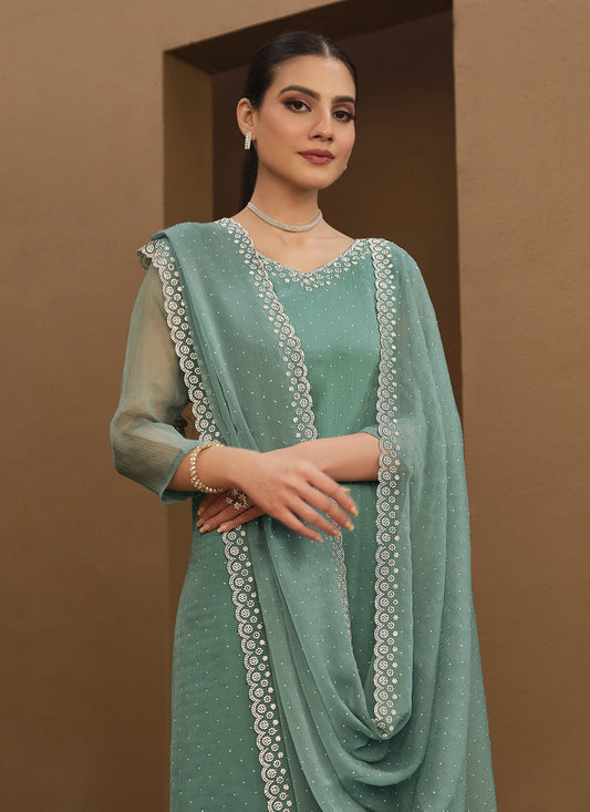 Teal Mint Organza Chiffon Swarovski Embellished Suit