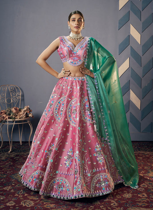 Onion Pink Silk Embroidered Designer Lehenga Set