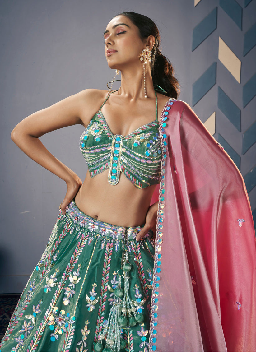 Moss Green Silk Embroidered Designer Lehenga Set