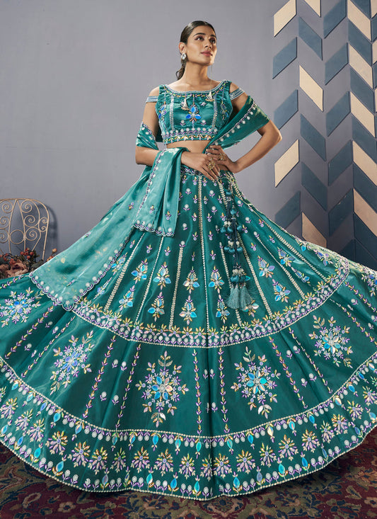 Rama Green Silk Embroidered Designer Lehenga Set