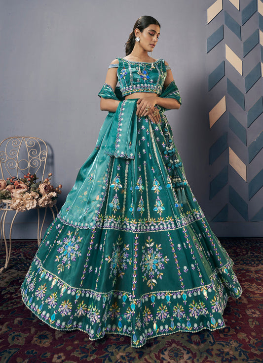 Rama Green Silk Embroidered Designer Lehenga Set