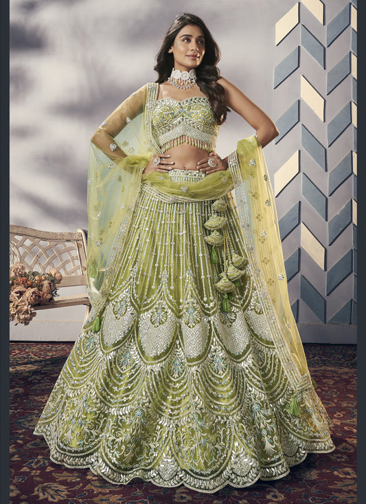 Parrot Green Heavy Net Designer Lehenga Choli Set