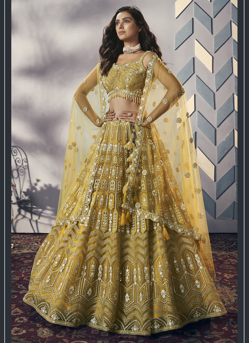 Yellow Heavy Net Designer Lehenga Choli Set
