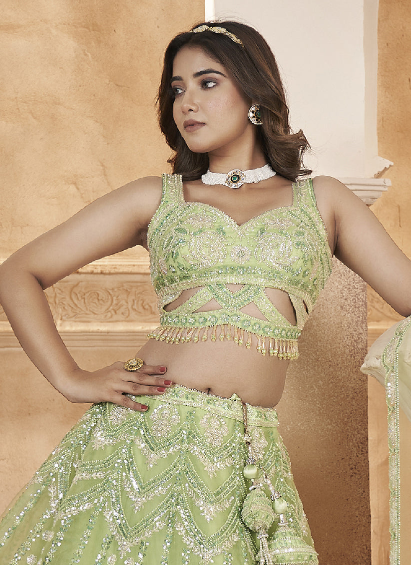 Pista Green Readymade Net Designer Lehenga Choli Set