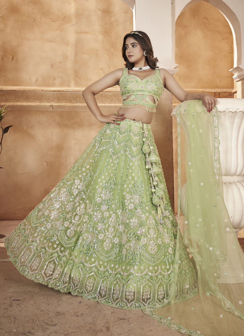 Pista Green Readymade Net Designer Lehenga Choli Set