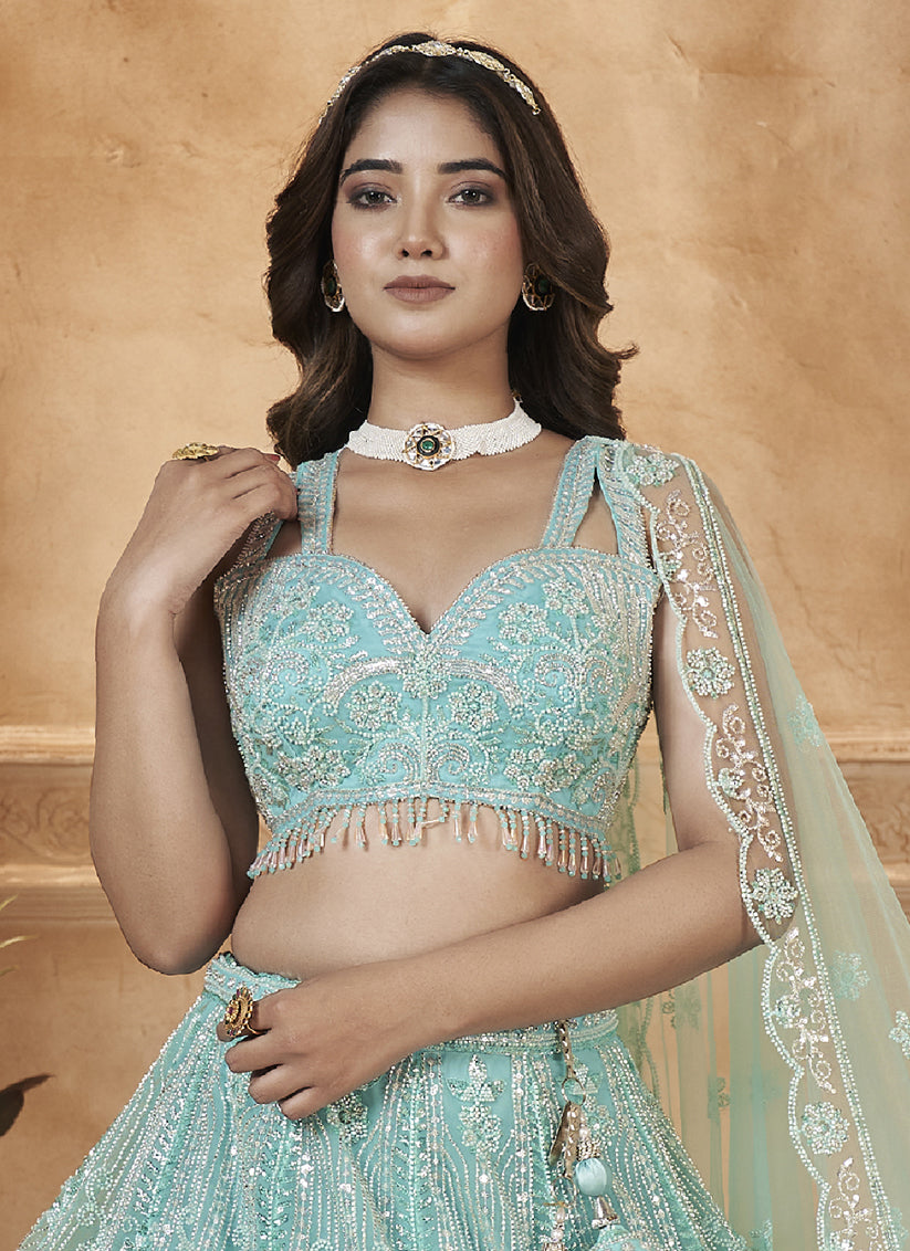 Sky Blue Readymade Net Designer Lehenga Choli Set